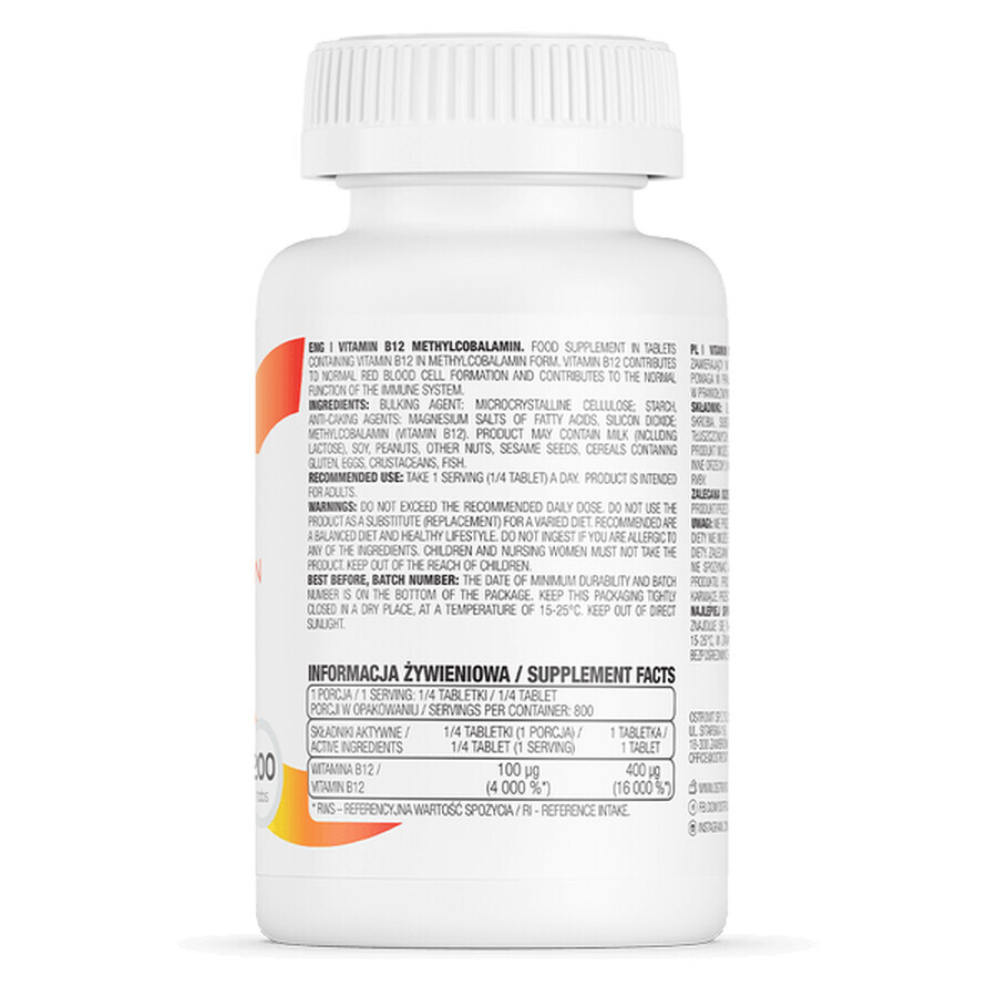 OstroVit Vitamina B12 Metilcobalamina, vitamina B12 400 µg, 200 compresse