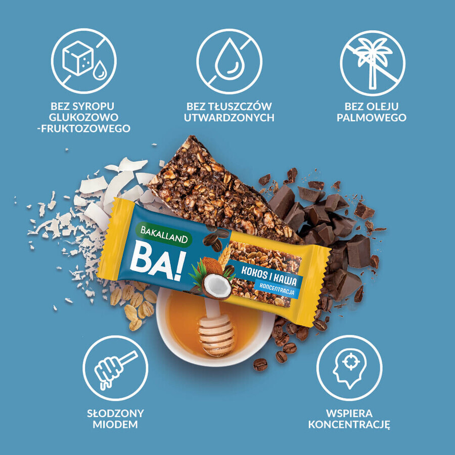 Bakalland BA! Barretta ai cereali, cocco e caffè, concentrazione, 35 g