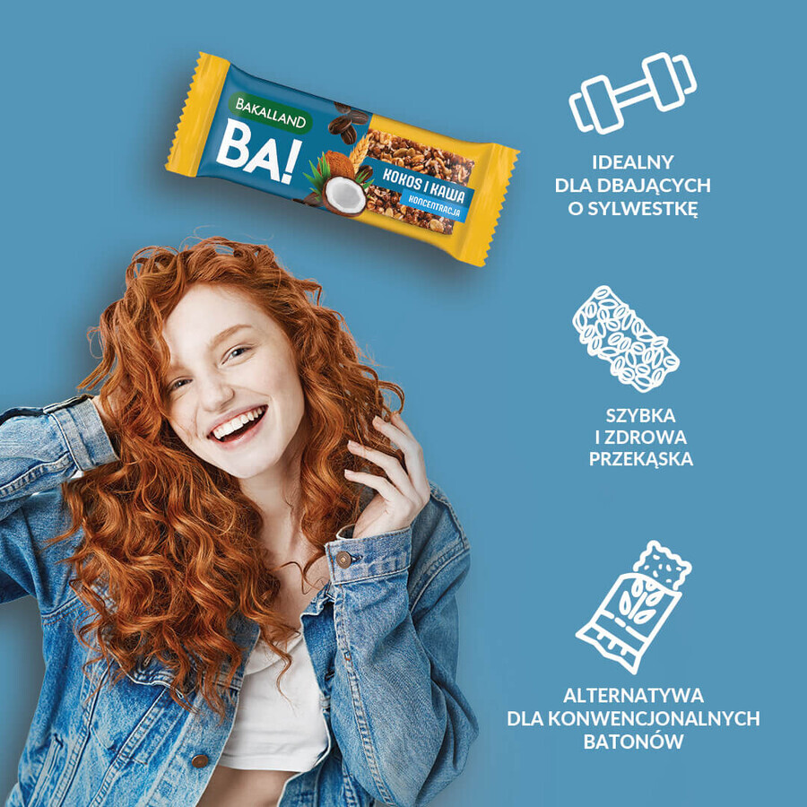 Bakalland BA! Barretta ai cereali, cocco e caffè, concentrazione, 35 g