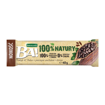 Bakalland BA! 100% Nature Fruit Bar, Datteri e Cacao con arachidi tostate e cereali, senza zuccheri aggiunti, 40 g