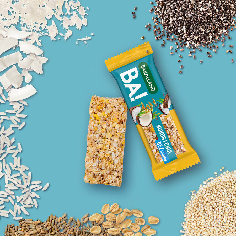 Bakalland BA! Barretta ai cereali, 5 cereali e cocco con chia, senza zuccheri aggiunti, 30 g