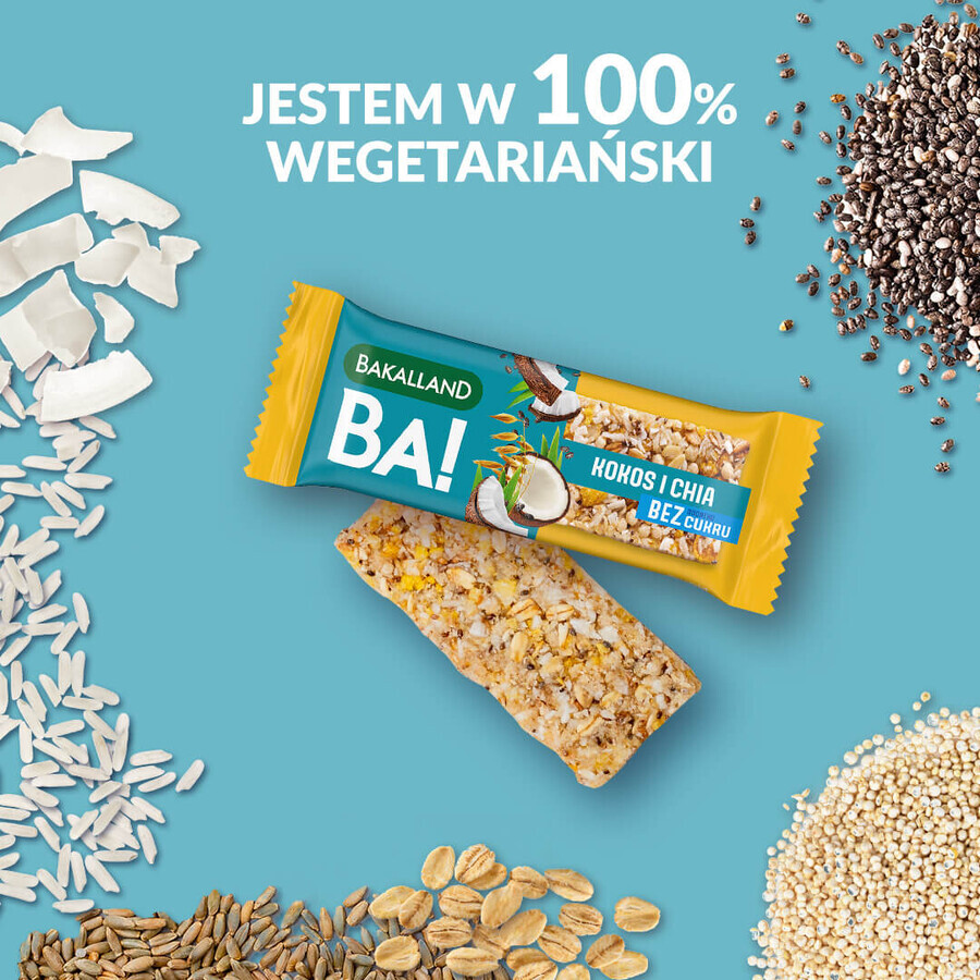 Bakalland BA! Barretta ai cereali, 5 cereali e cocco con chia, senza zuccheri aggiunti, 30 g