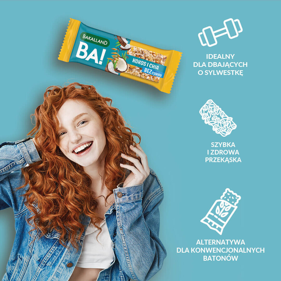 Bakalland BA! Barretta ai cereali, 5 cereali e cocco con chia, senza zuccheri aggiunti, 30 g