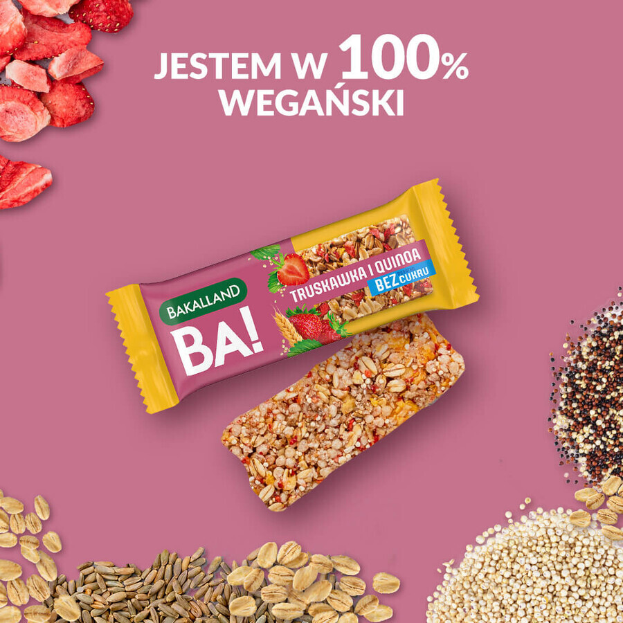 Barretta di cereali Bakalland BA!, fragola e quinoa, senza zuccheri aggiunti, 30 g