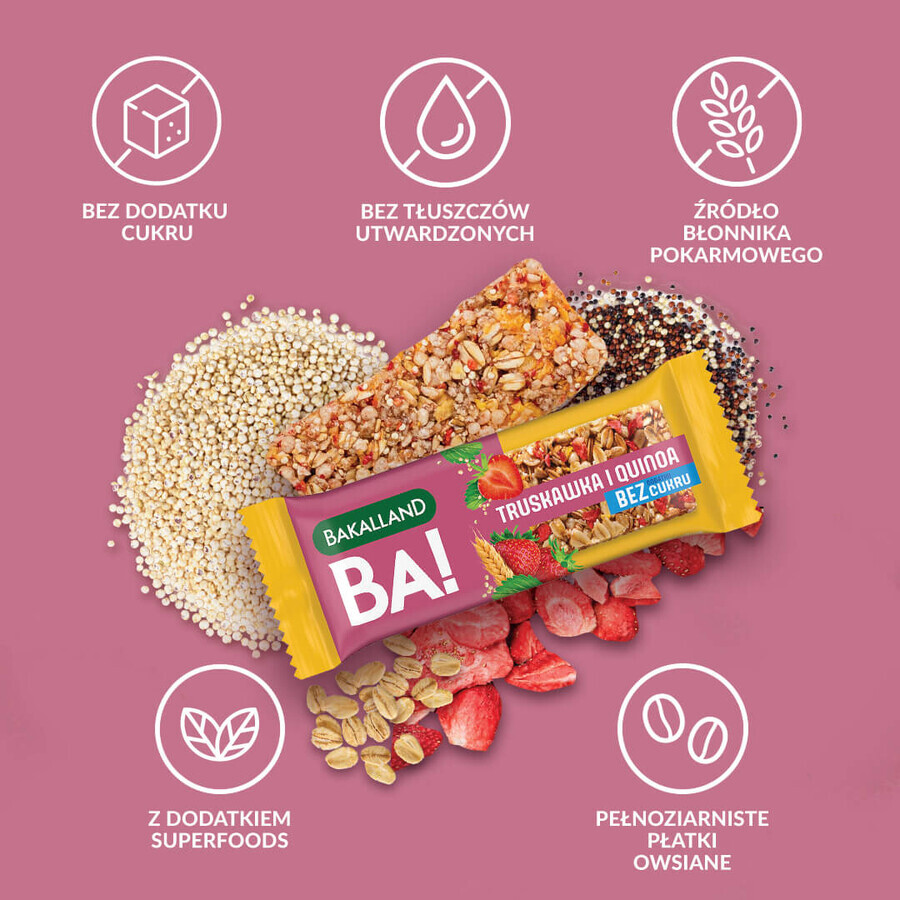 Barretta di cereali Bakalland BA!, fragola e quinoa, senza zuccheri aggiunti, 30 g