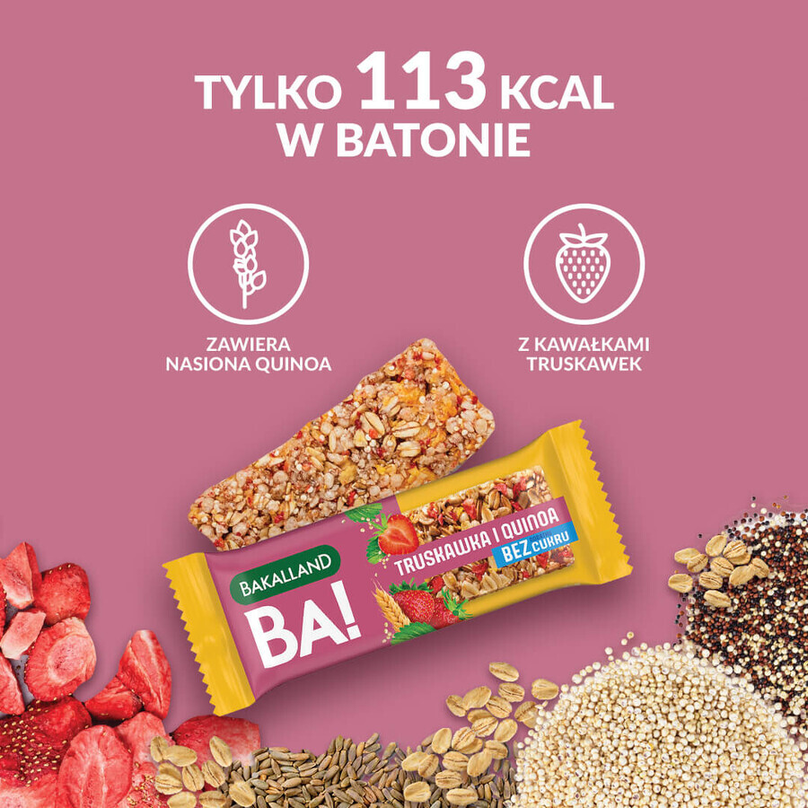 Barretta di cereali Bakalland BA!, fragola e quinoa, senza zuccheri aggiunti, 30 g