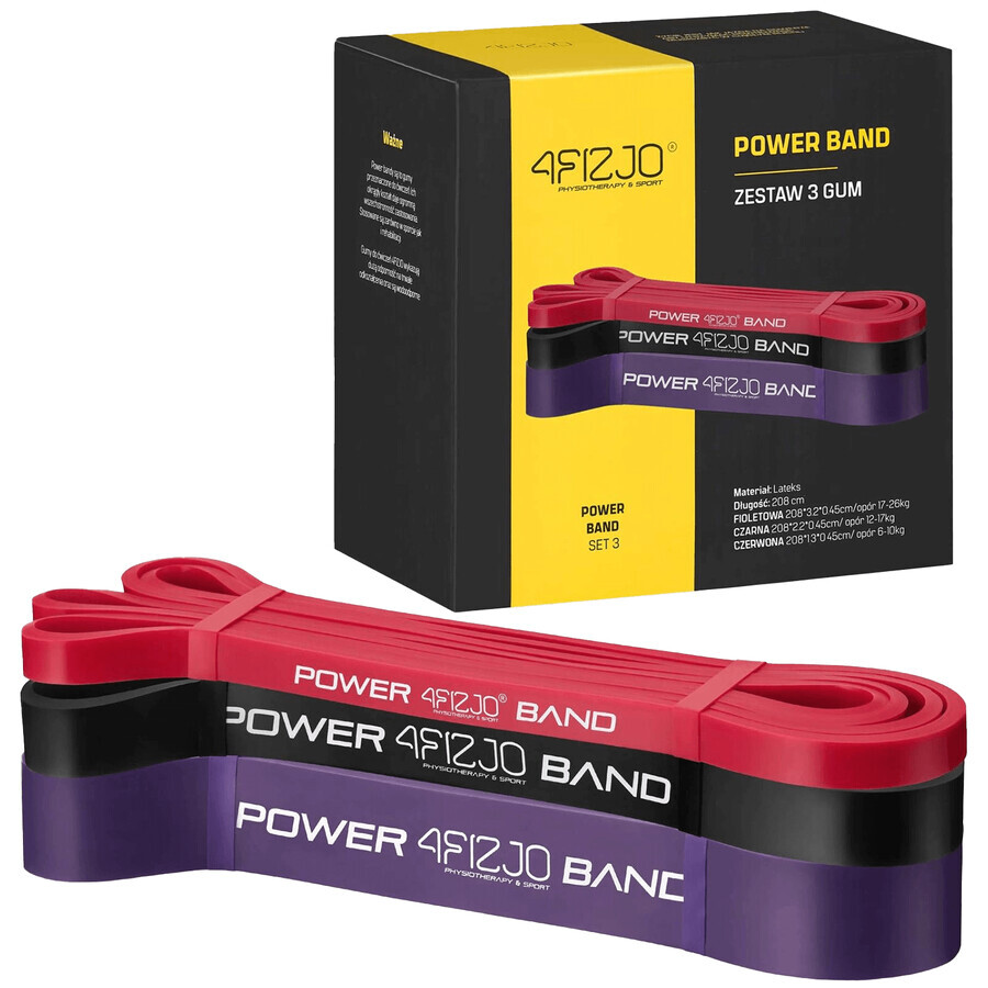 4Fizjo Power Band, set di bande di resistenza per esercizi, 3 pezzi