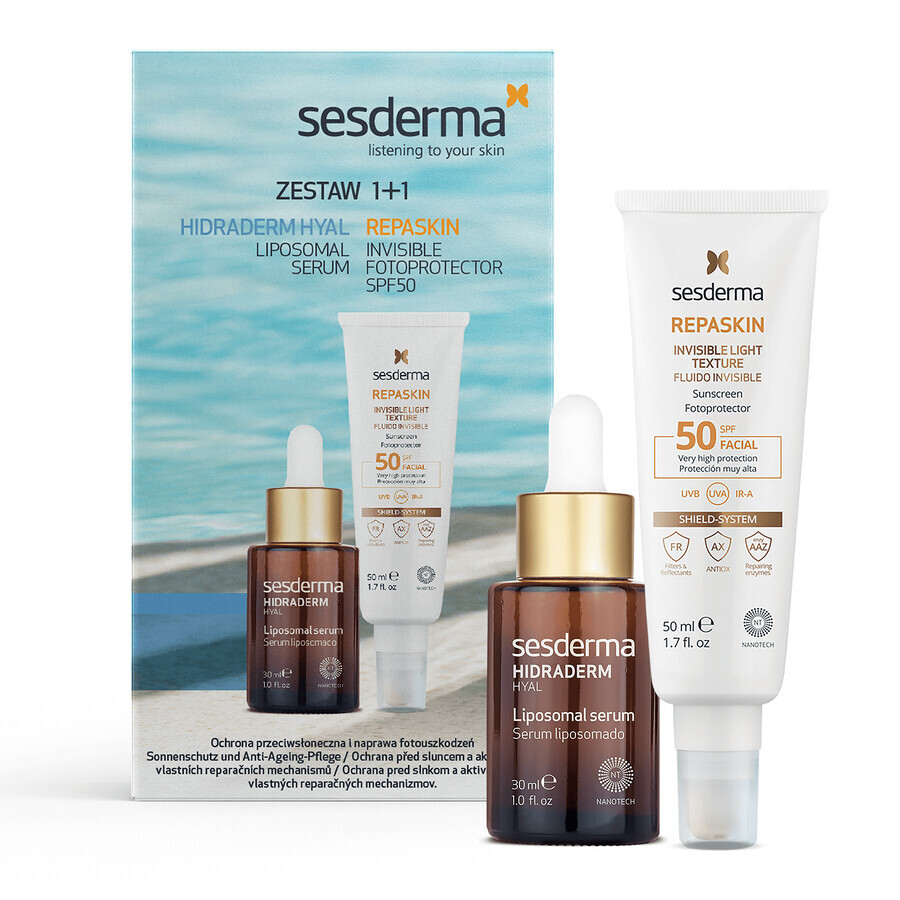 Set Sesderma Hidraderm Hyal, siero liposomiale, 30 ml + Repaskin, protezione solare leggera per il viso, SPF 50, 50 ml