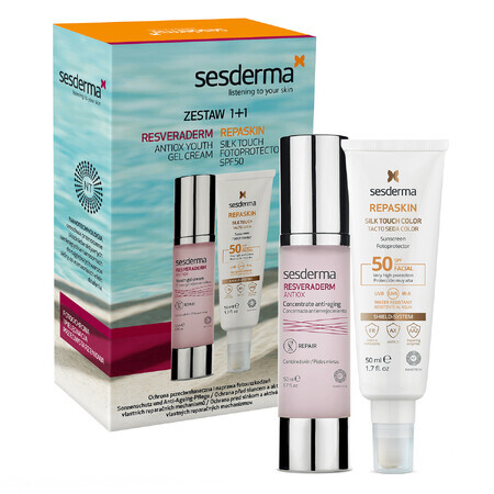 Set Sesderma Resveraderm Antiox, crema-gel per il viso, 50 ml + Repaskin Silk Touch Color, protezione solare per il viso, colorante, SPF 50, 50 ml