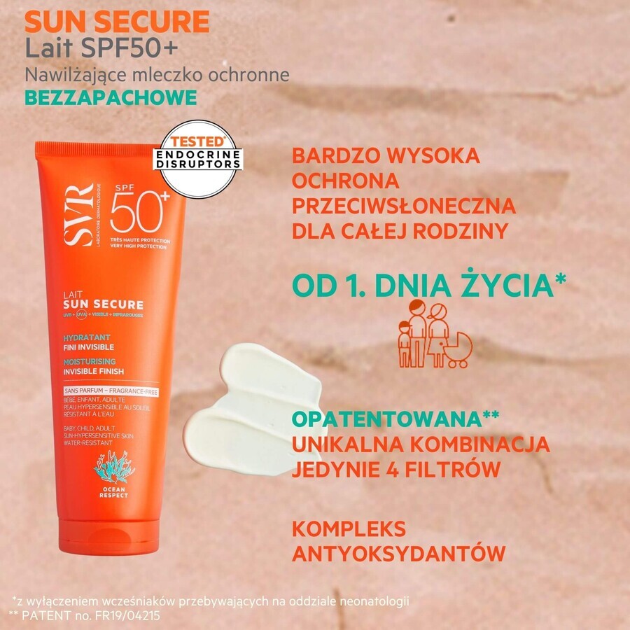 SVR Sun Secure, latte protettivo idratante, senza profumo, per tutta la famiglia, SPF 50+, 250 ml