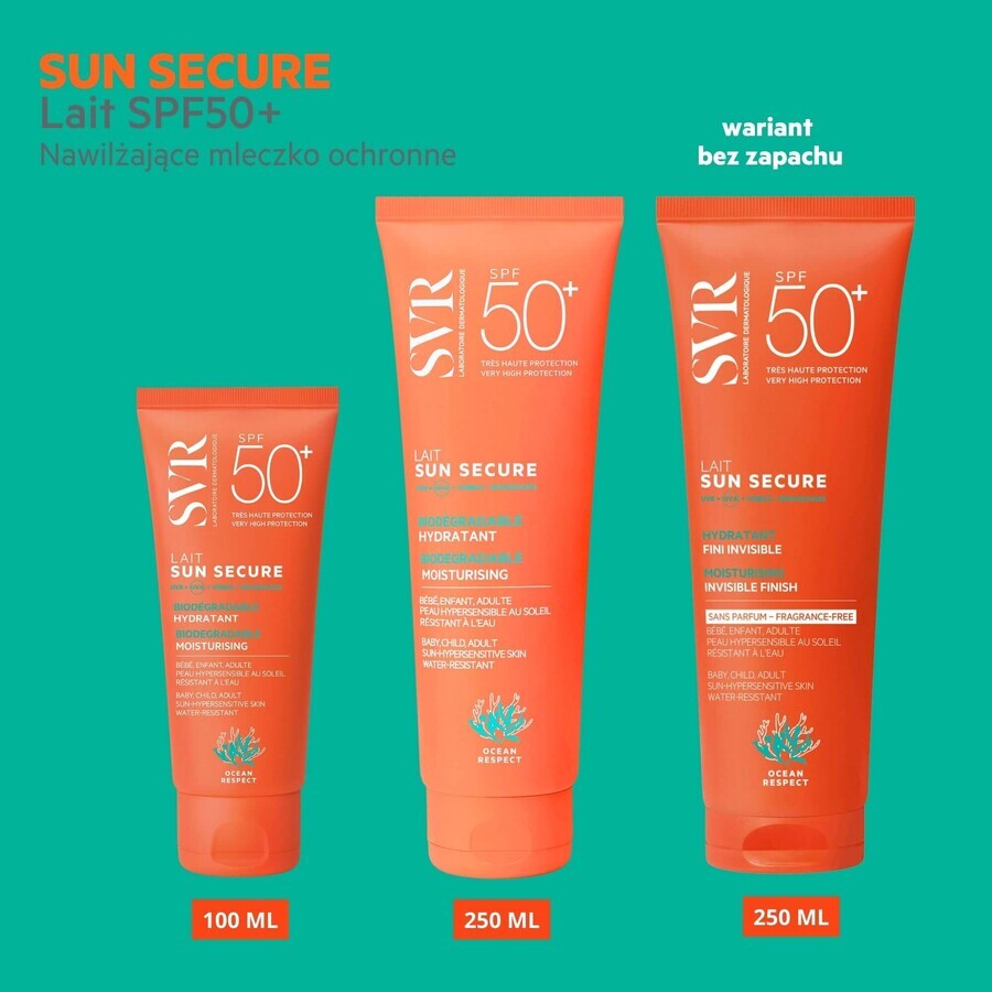 SVR Sun Secure, latte protettivo idratante, senza profumo, per tutta la famiglia, SPF 50+, 250 ml