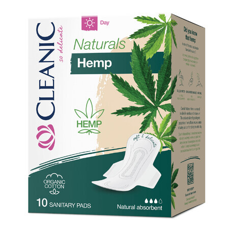 Cleanic Naturals Hemp, assorbenti igienici in cotone biologico e fibre di canapa, con ali, Day, 10 pz.