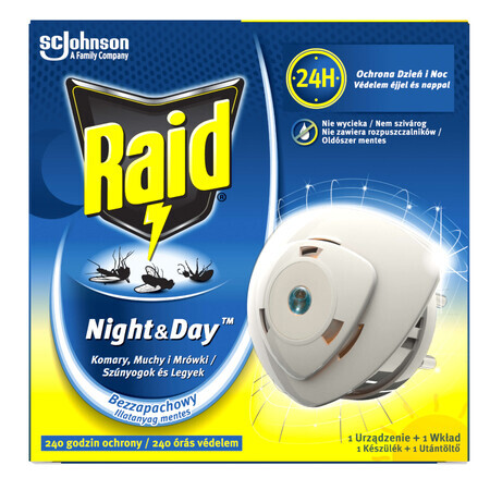 Raid Night &amp; Day Moustiques, mouches et fourmis, insecticide électrofumigateur avec cartouche remplaçable