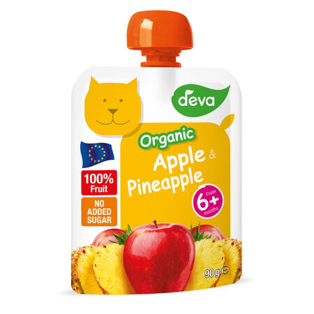 Deva Bio fruitmousse in een tube, appel en ananas, na 6 maanden, 90 g