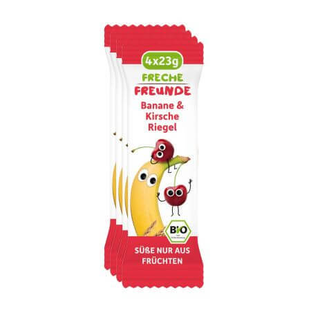 Baton Bio de cereale cu banane si cirese, +1 an, 4 x 23 g, Freche Freunde