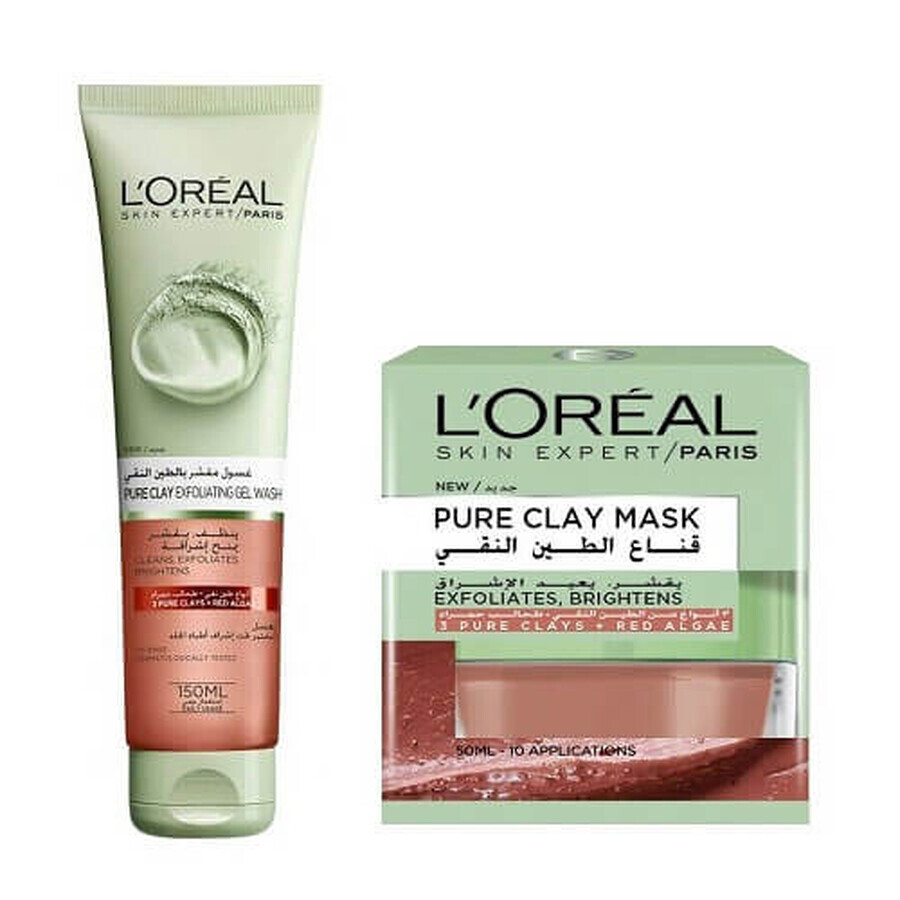 Confezione regalo maschera esfoliante e gel detergente, Loreal, Argilla pura, Alghe rosse