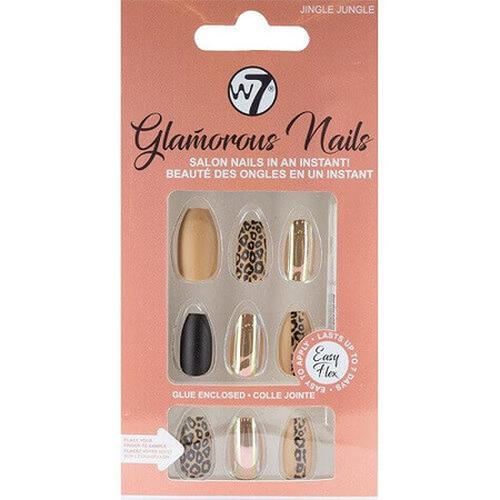 Set di 24 unghie finte, W7, Glamorous Nails, Jingle Jungle, Adesivo incluso