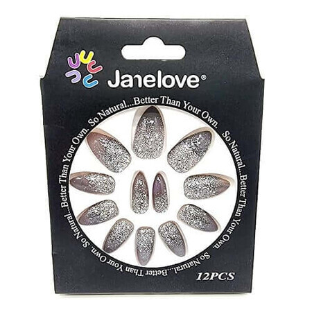 Set di 12 unghie finte degradate con glitter, Janelove, grigio