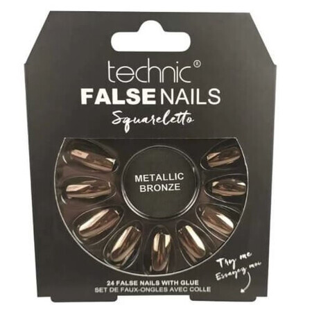 Set de 24 faux ongles, avec colle incluse, Technic, Faux ongles, Squareletto, Metallic Bronze