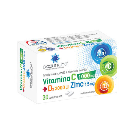 Vitamina C 1000 mg + D3 2000 UI + Zinco 15 mg, 30 compresse, Helcor