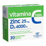 Vitamina C 1000 mg + Zn 25 mg + D3 4000 UI, 30 compresse rivestite con film, Fiterman Pharma