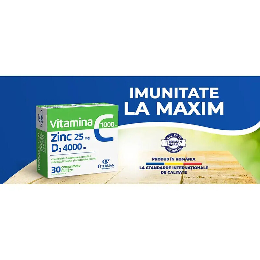 Vitamina C 1000 mg + Zn 25 mg + D3 4000 UI, 30 compresse rivestite con film, Fiterman Pharma