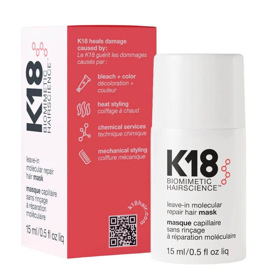 K18 No Rinse Molecular Repair Hair Mask Maschera per capelli intensiva e riparatrice, 15ml