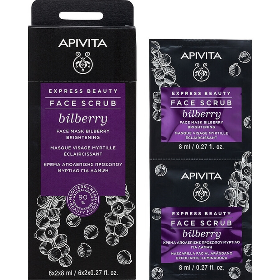 Apivita Express Beauty, Exfoliante Facial Iluminador con Arándano Rojo, 2 x 8 ml