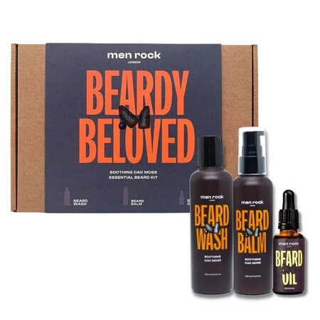 MenRock Beardy Beloved Shampoo barba lenitivo al muschio di quercia 100ml + Balsamo barba 100ml + Olio barba 30ml