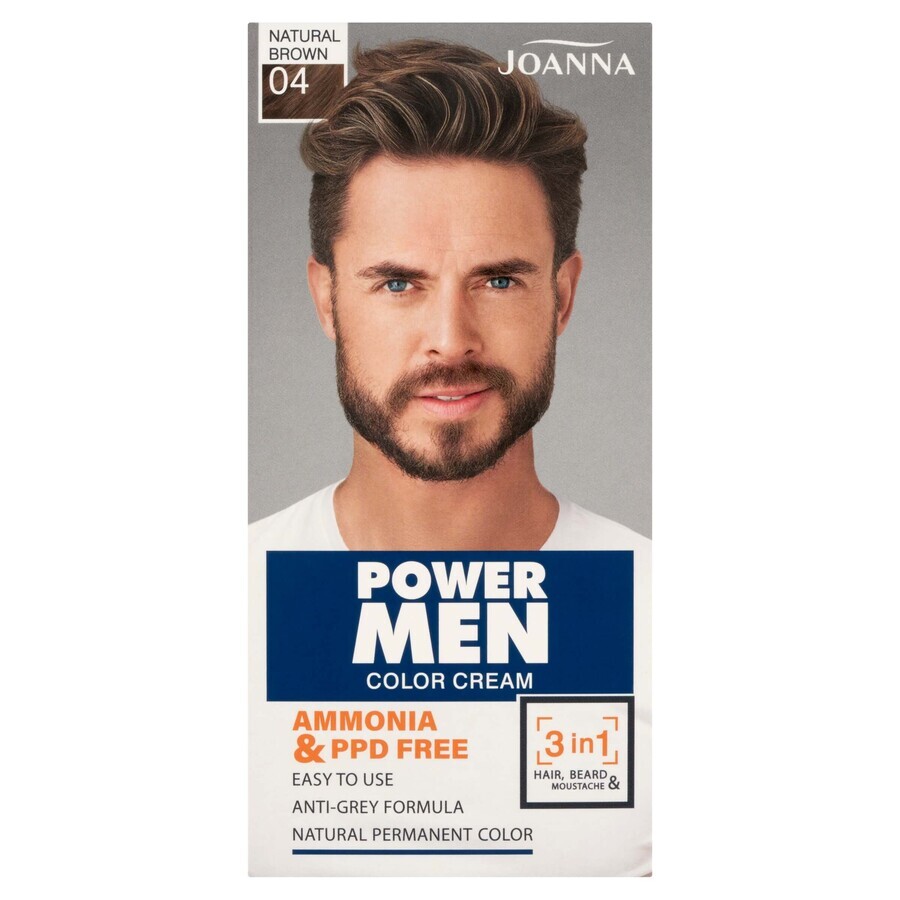 Joanna Power Men Colour Cream 3in1 Colore per barba e capelli 04 Marrone naturale, 30g