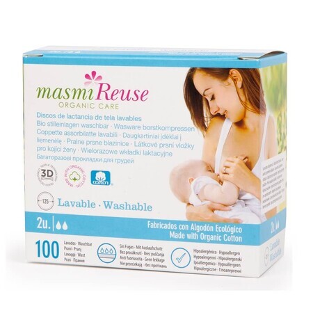 Masmi Reuse Organic Care Cuscinetti per il seno riutilizzabili di bufala biologica, 2 pezzi.