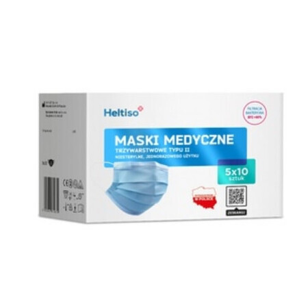 Heltiso, Maschera medica, 3 strati tipo II, 50 pz - Tempi di consegna lunghi!