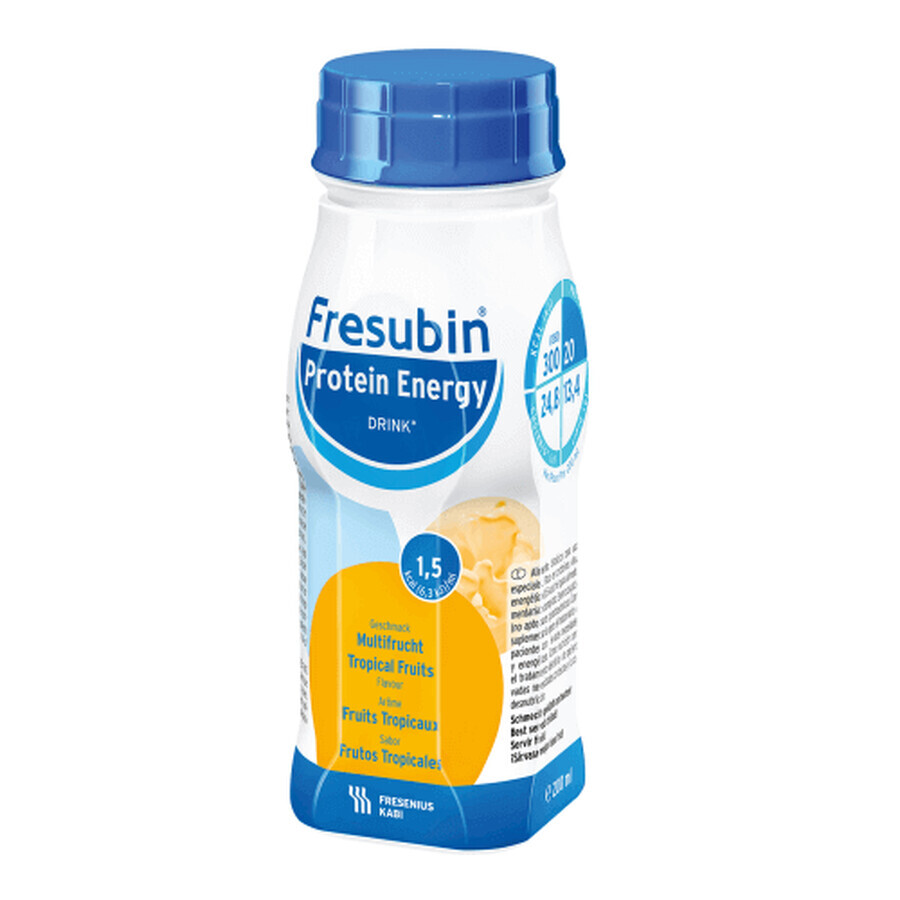 Fresubin Bebida energética proteica con sabor a frutas tropicales, 4x200 ml, Fresenius Kabi Alemania