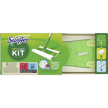 Swiffer Starter Set con 1 manico, 8 salviette asciutte e 3 panni per la pulizia