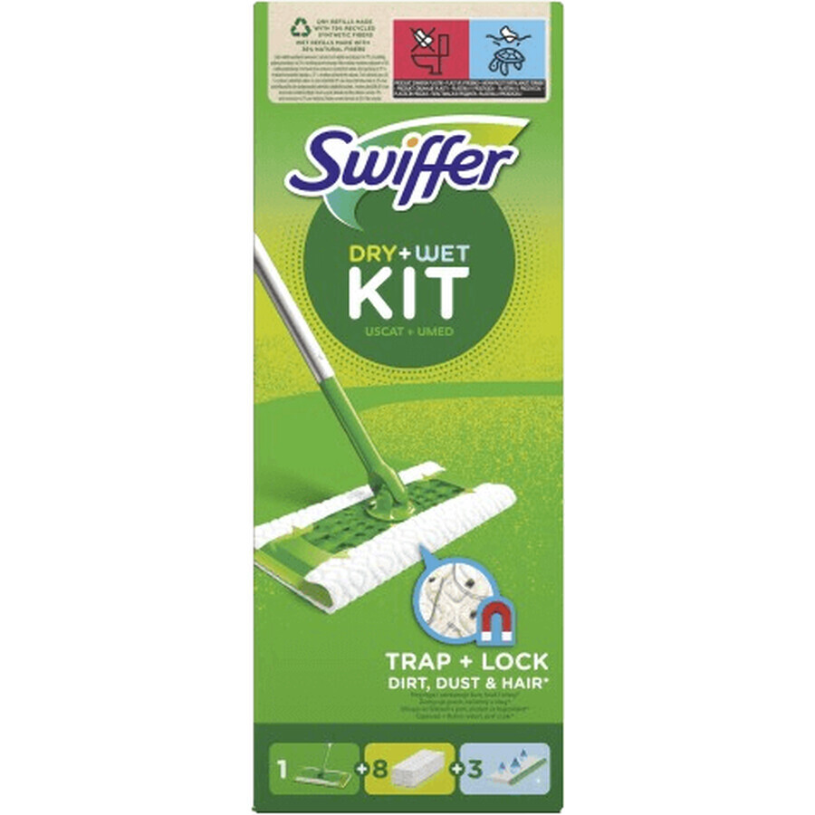 Swiffer Starter Set con 1 manico, 8 salviette asciutte e 3 panni per la pulizia