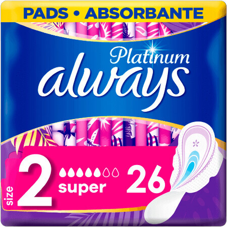 Always Platinum Super Sanitary Napkins (size 2) with wings 26 pieces