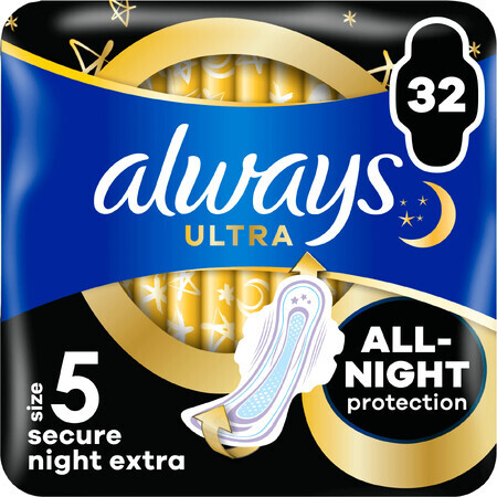 Always Ultra Secure Night Extra Sanitary Pads (taille 5) avec ailettes 32 pcs