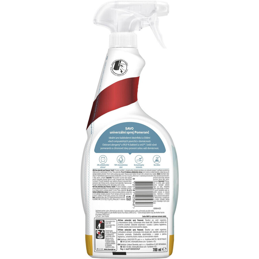 Savo Spray désinfectant et nettoyant à l'orange et à la citronnelle 700 ml