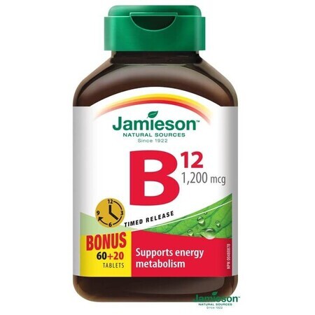 Jamieson Vitamine B12 méthylcobalamine 1200 μg à libération lente 80 tbl. 80 comprimés