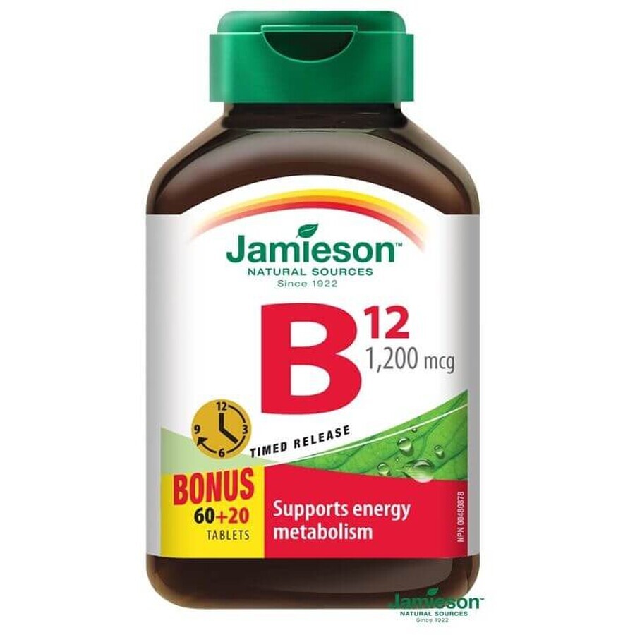 Jamieson Vitamine B12 méthylcobalamine 1200 μg à libération lente 80 tbl. 80 comprimés