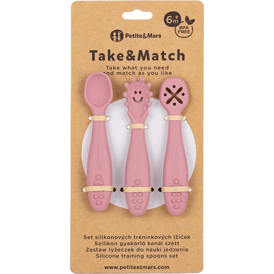 Petite&Mars Set di cucchiai da allenamento in silicone Take&Match Dusty Rose 6m+ 3 pz.