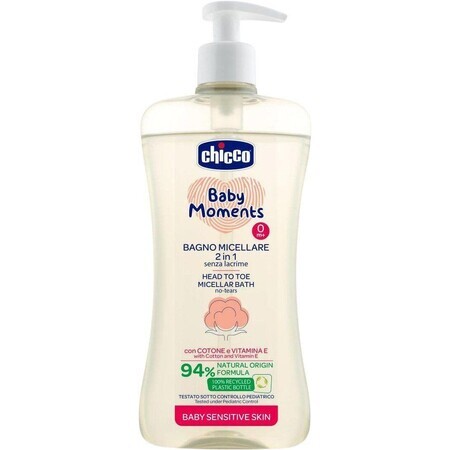 Chicco Baby Moments Sensitive micellaire shampoo voor haar en lichaam met dispenser 94% natuurlijke ingrediënten 500 ml