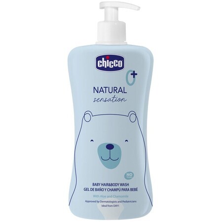 Șampon pentru păr și corp Chicco Natural Sensation cu aloe și mușețel 0m+, 500 ml