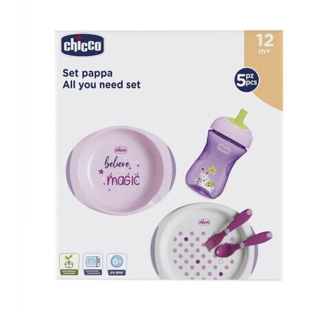 Chicco Set de masă - farfurii, tacâmuri, ceașcă, 12m+ roz 200 ml