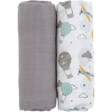 Petite&Mars Coperta in mussola di bambù Misty Grey Planes 2in1, 120 x 120 cm 2 pezzi