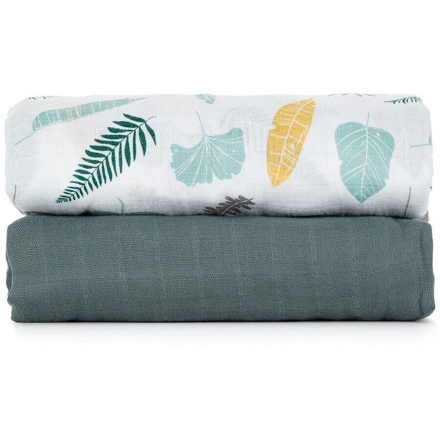 Petite&Mars Coperta in mussola di bambù Foglie verde nebbia 2in1, 120 x 120 cm 2 pezzi