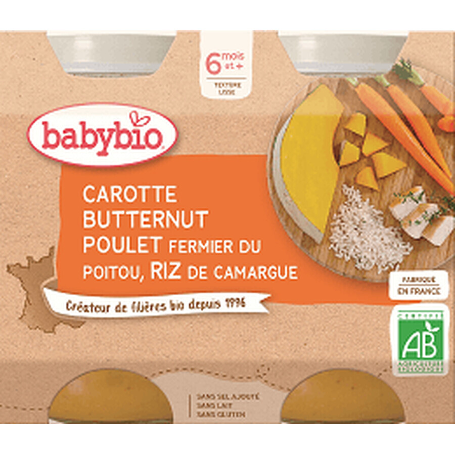 Babybio meniu morcovi cu dovleac butternut, pui și orez 2 x 200 g