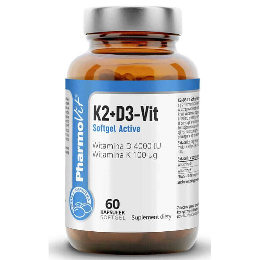 K2 + D3 4000 UI Vit Softgel Active 60 caps Pharmovit Etichetta pulita