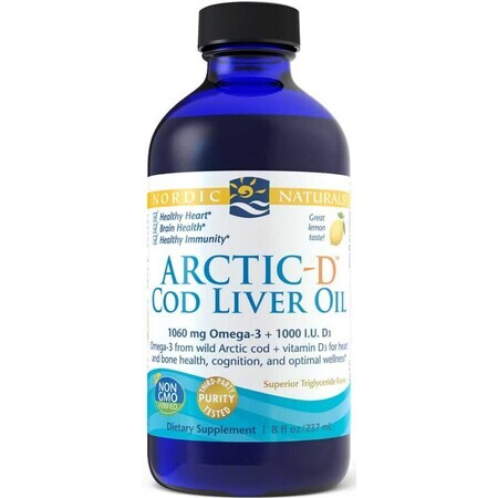 Arctic-D Aceite de Hígado de Bacalao Limón Aceite de hígado de bacalao salvaje 237 ml, Nordic Naturals