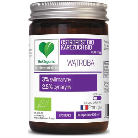 BeOrganic Cardo organico 3% + Carciofo organico 2,5%, 400 mg (50 capsule).